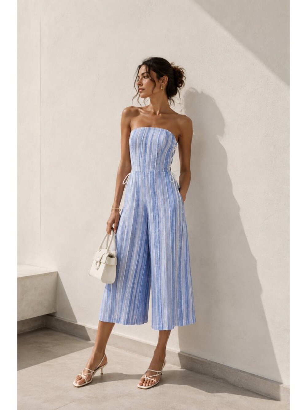 Clue Monaco Size 4 Blue White Linen Striped Wide Leg Jumpsuit Lace Up